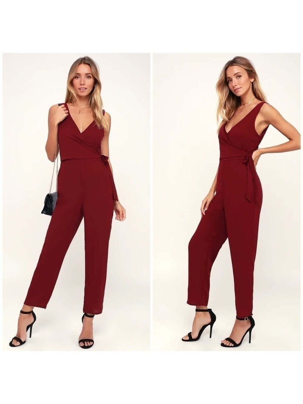 Lulu’s Like It Like That Wine Red Sleeveless Surplice Jumpsuit